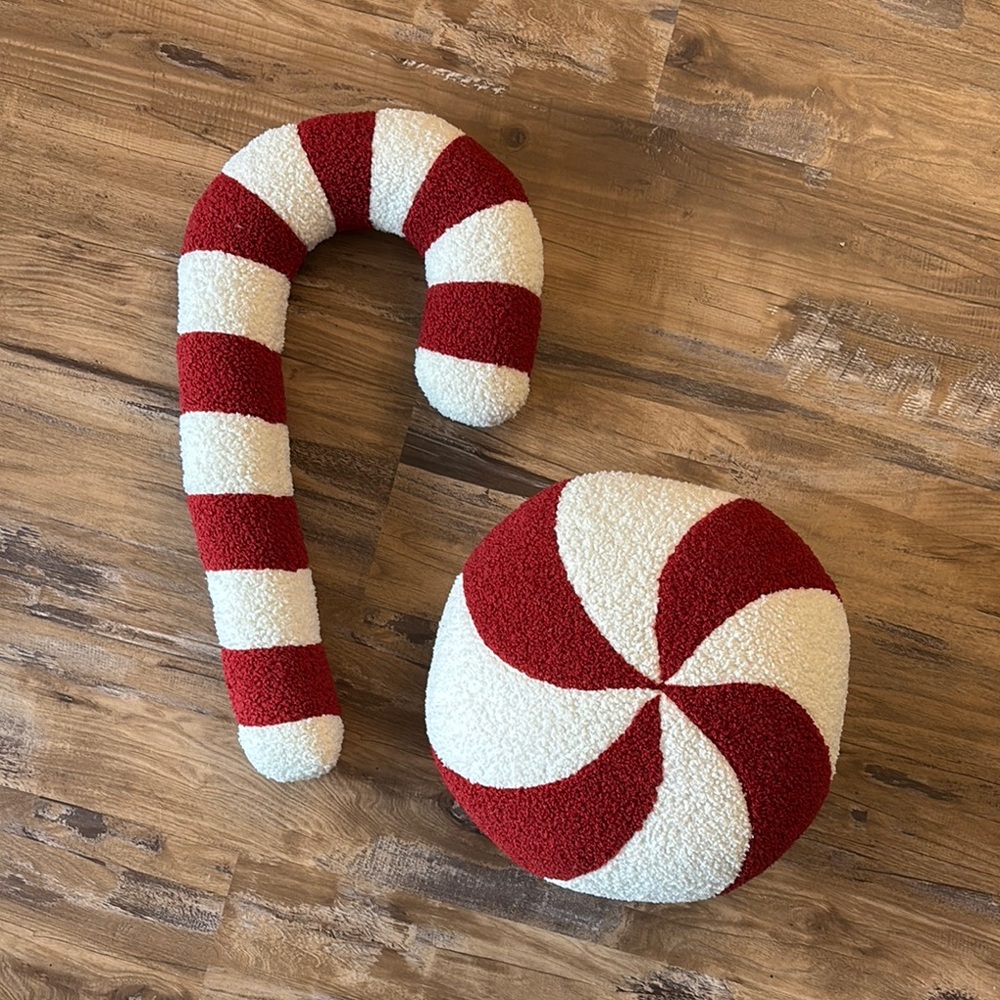 Festive Red and White Candy Cane and Peppermint Swirl Pillow Set